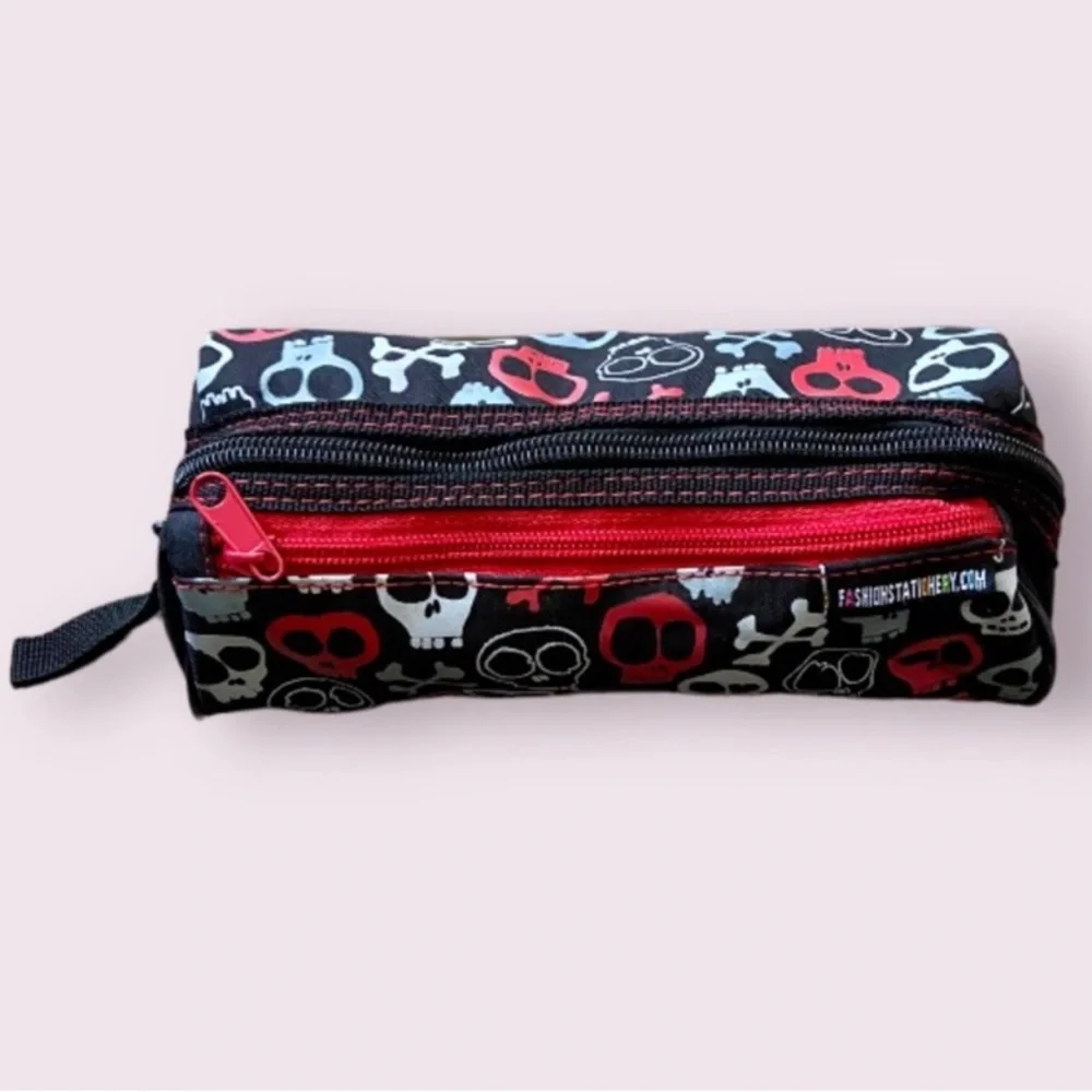 Fashion Stationary Black, Red and Gray Skull & Crossbones Double Zip Pencil Case